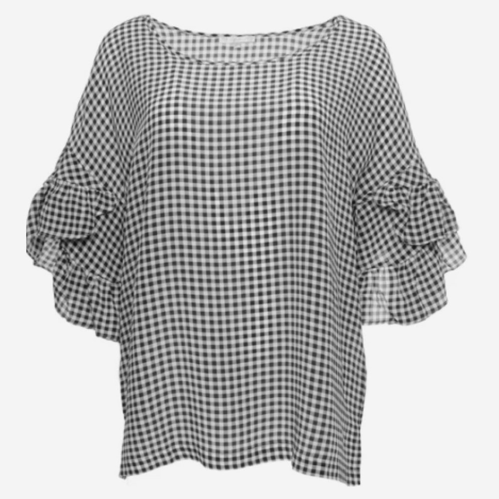 Black & White Gingham Ruffle Sleeve Silk Blouse